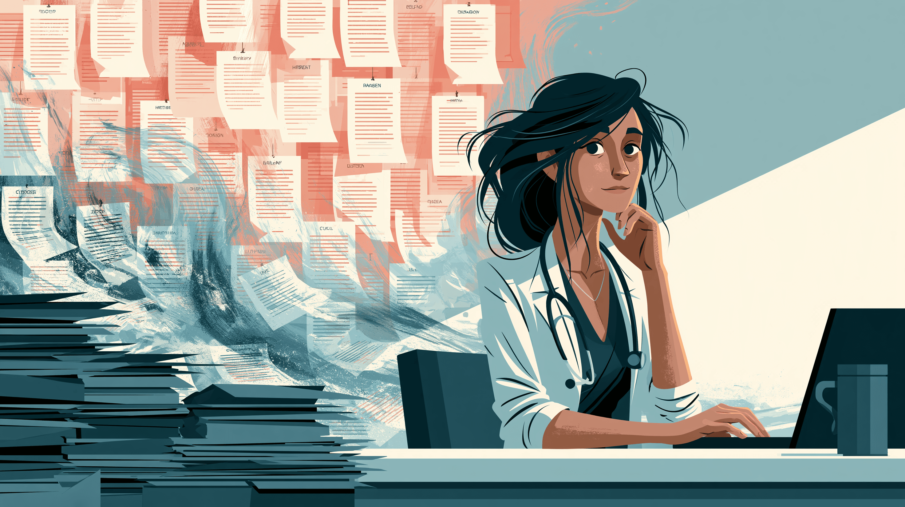 A doctor calmly working at a laptop while her documents organise themselves behind her